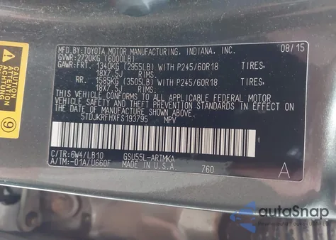 2015 Toyota Highlander Xle V6 from USA, damaged, VIN 5TDJKRFHXFS193795